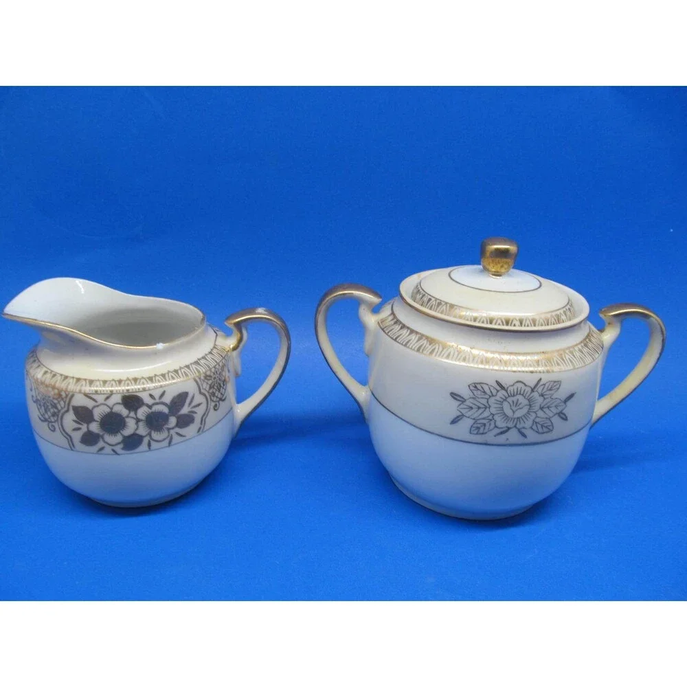 Chikaramachi Japan Vintage Covered Sugar And Creamer Set CHK3 Pattern Gold Trim
